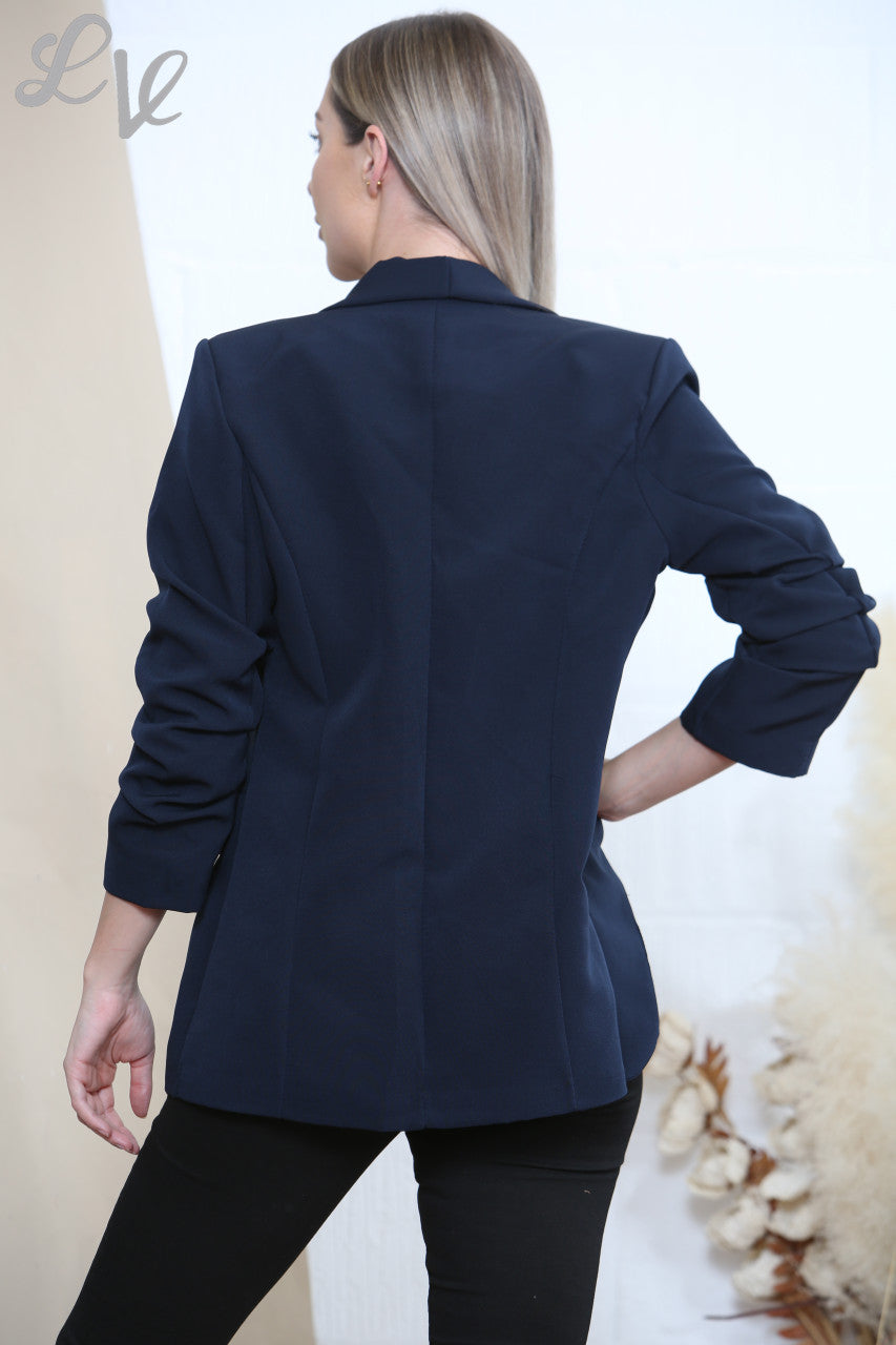 Ladies Plain Ruched Sleeve Blazer Navy