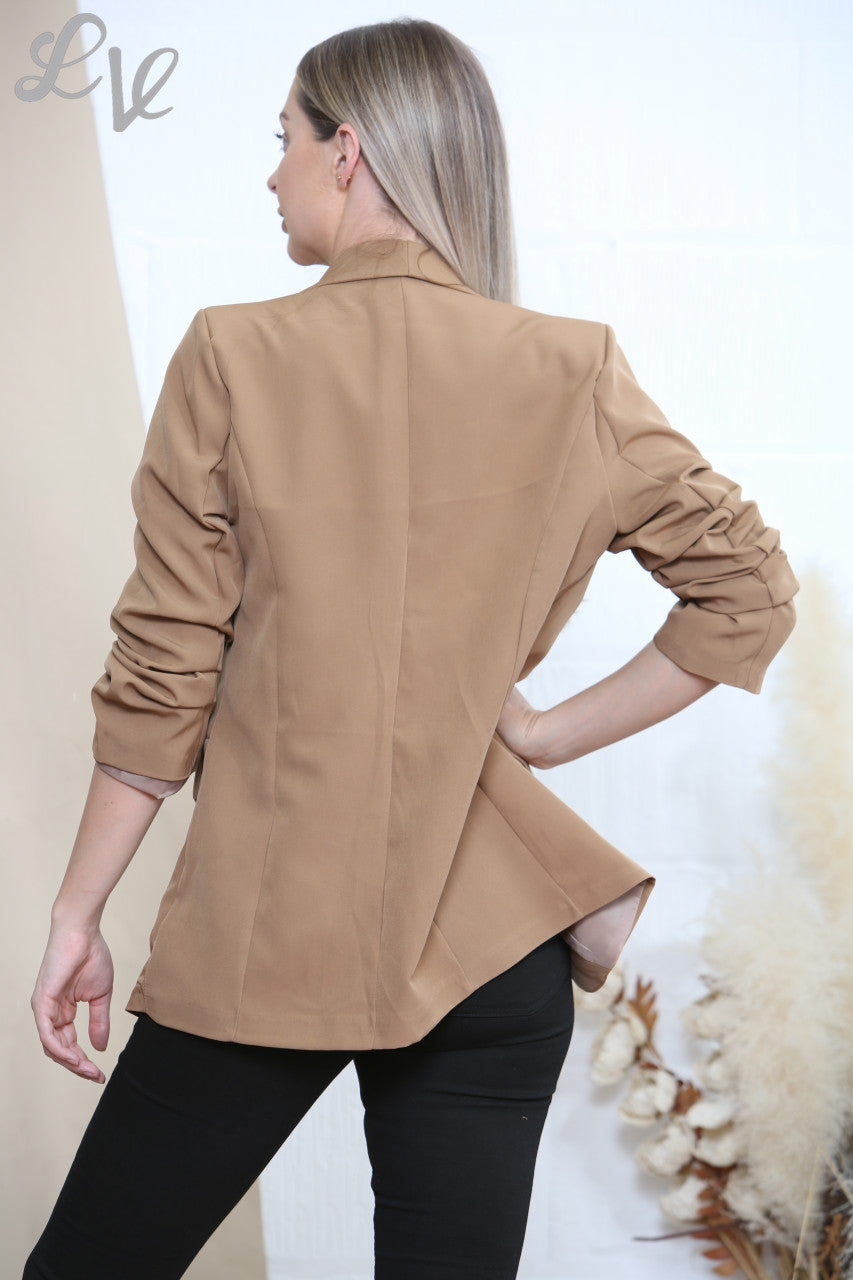Ladies Plain Ruched Sleeve Blazer Tan