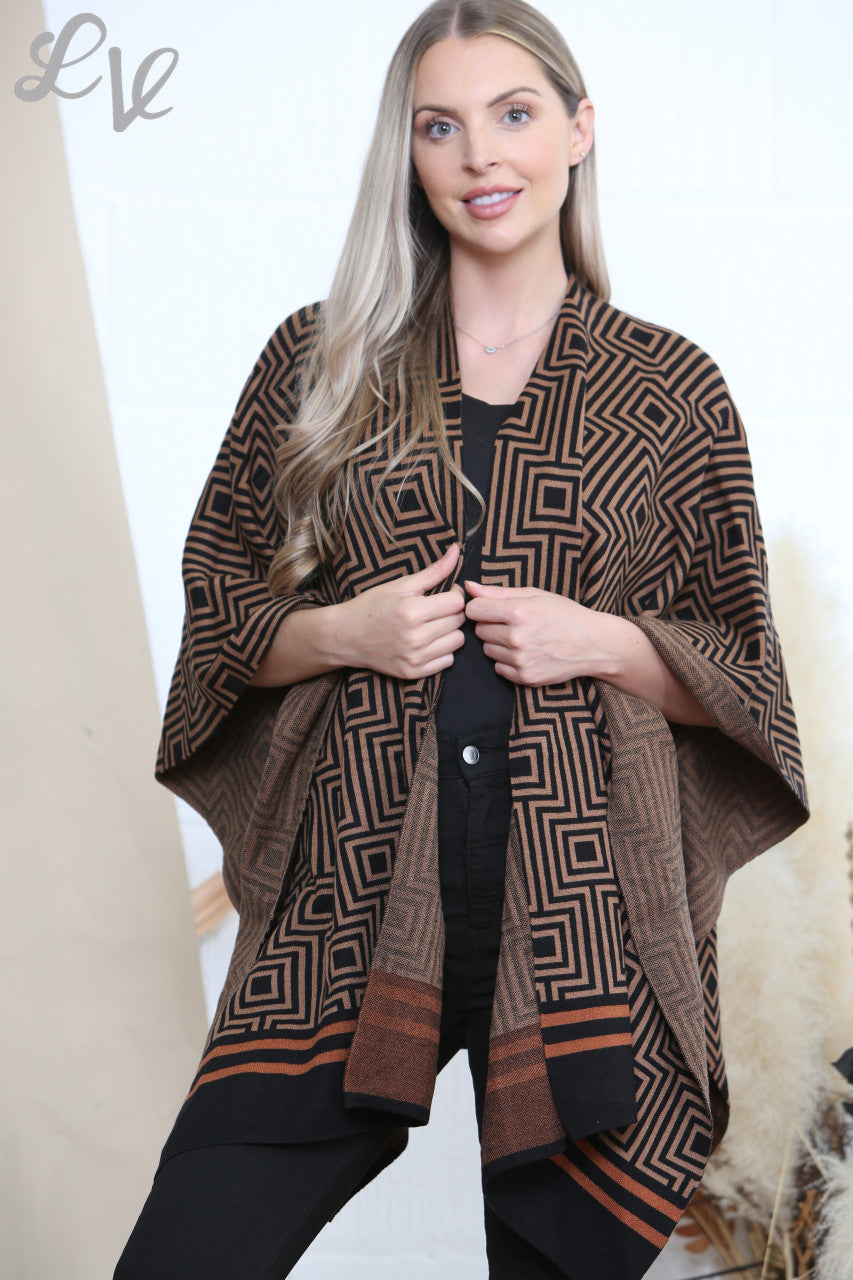 Ladies Geometric Print Wrap Shawl Cardigan Brown