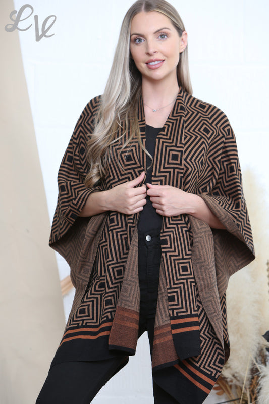 Dames Geometrisch Bedrukte Overslag Sjaal Cardigan Bruin