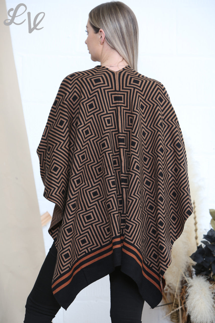 Ladies Geometric Print Wrap Shawl Cardigan Brown