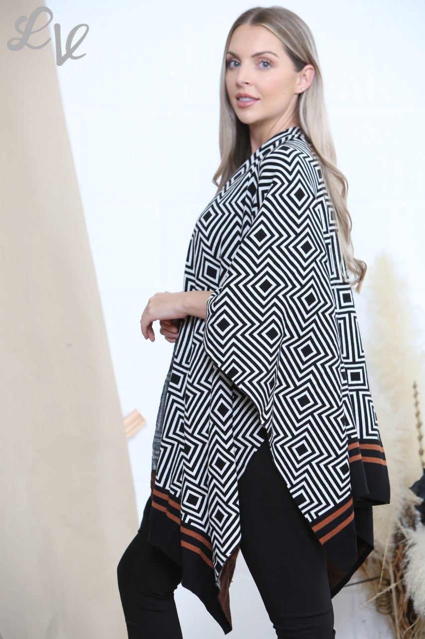 Ladies Geometric Print Wrap Shawl Cardigan White
