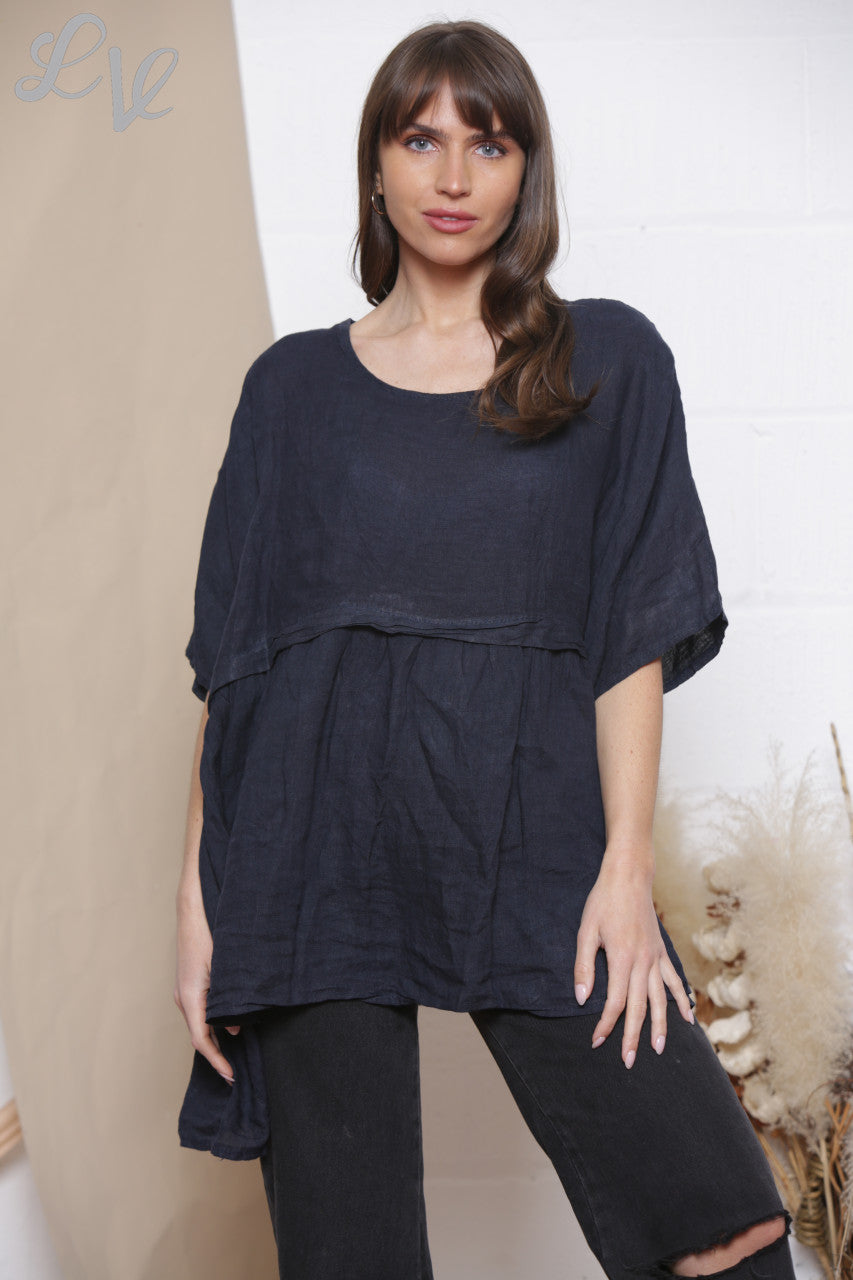 Dames Linnen Effen Tweekleurige Top Marineblauw