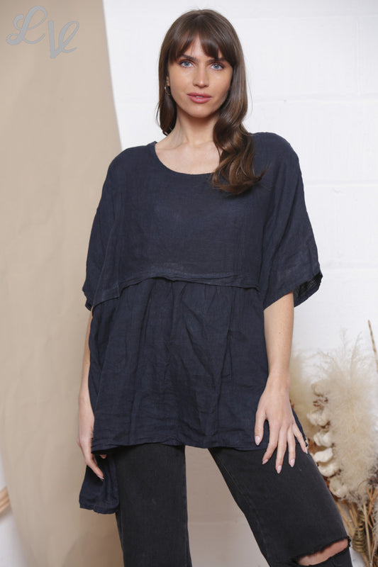 Dames Linnen Effen Tweekleurige Top Marineblauw