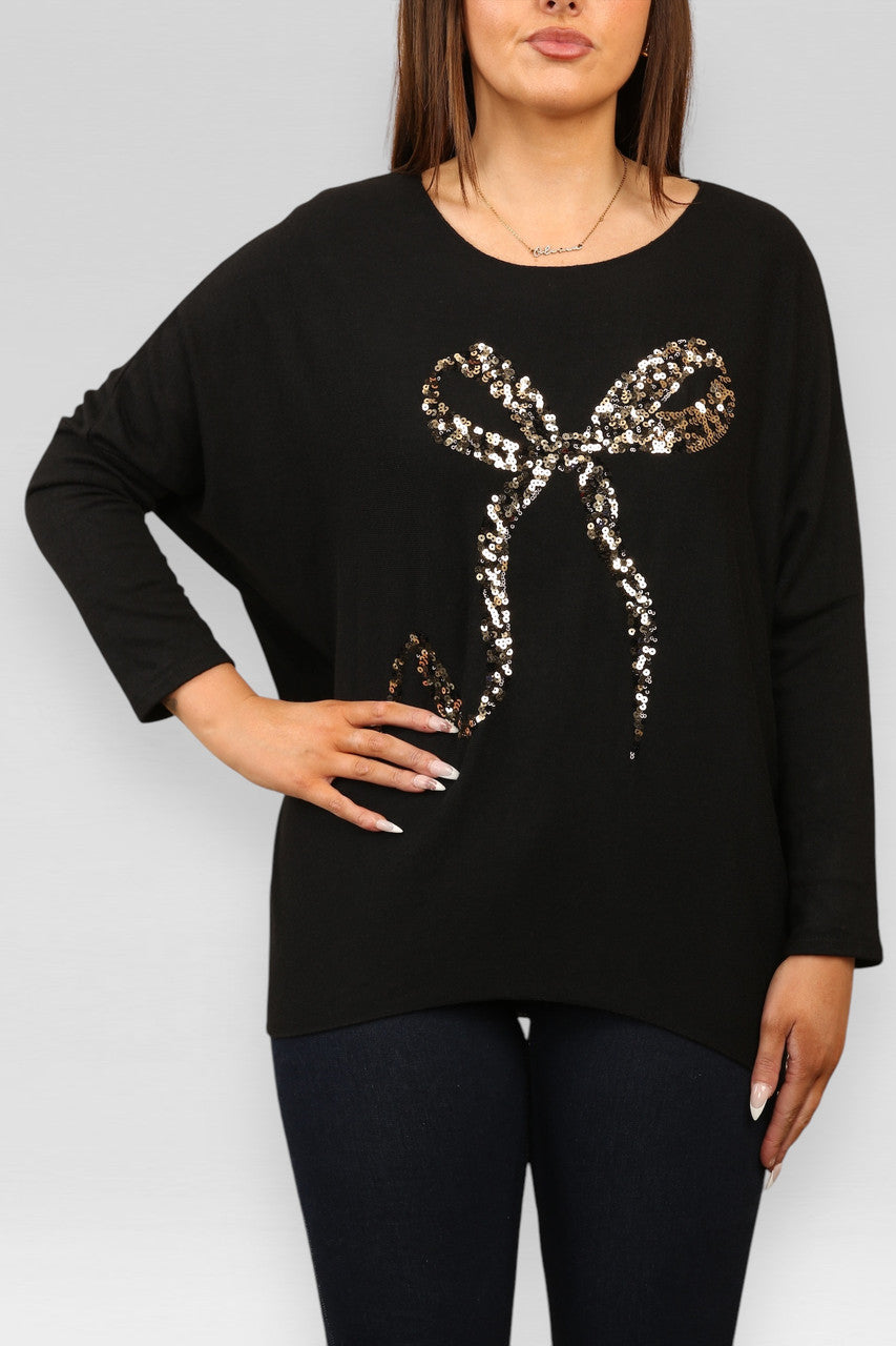 SEQUIN BOW SPARKLE FINE KNIT JUMPER TOP BLACK