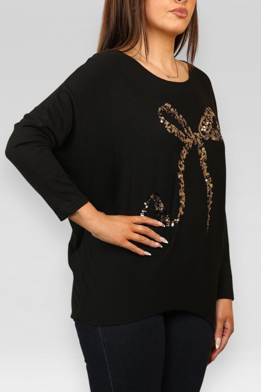 SEQUIN BOW SPARKLE FINE KNIT JUMPER TOP BLACK