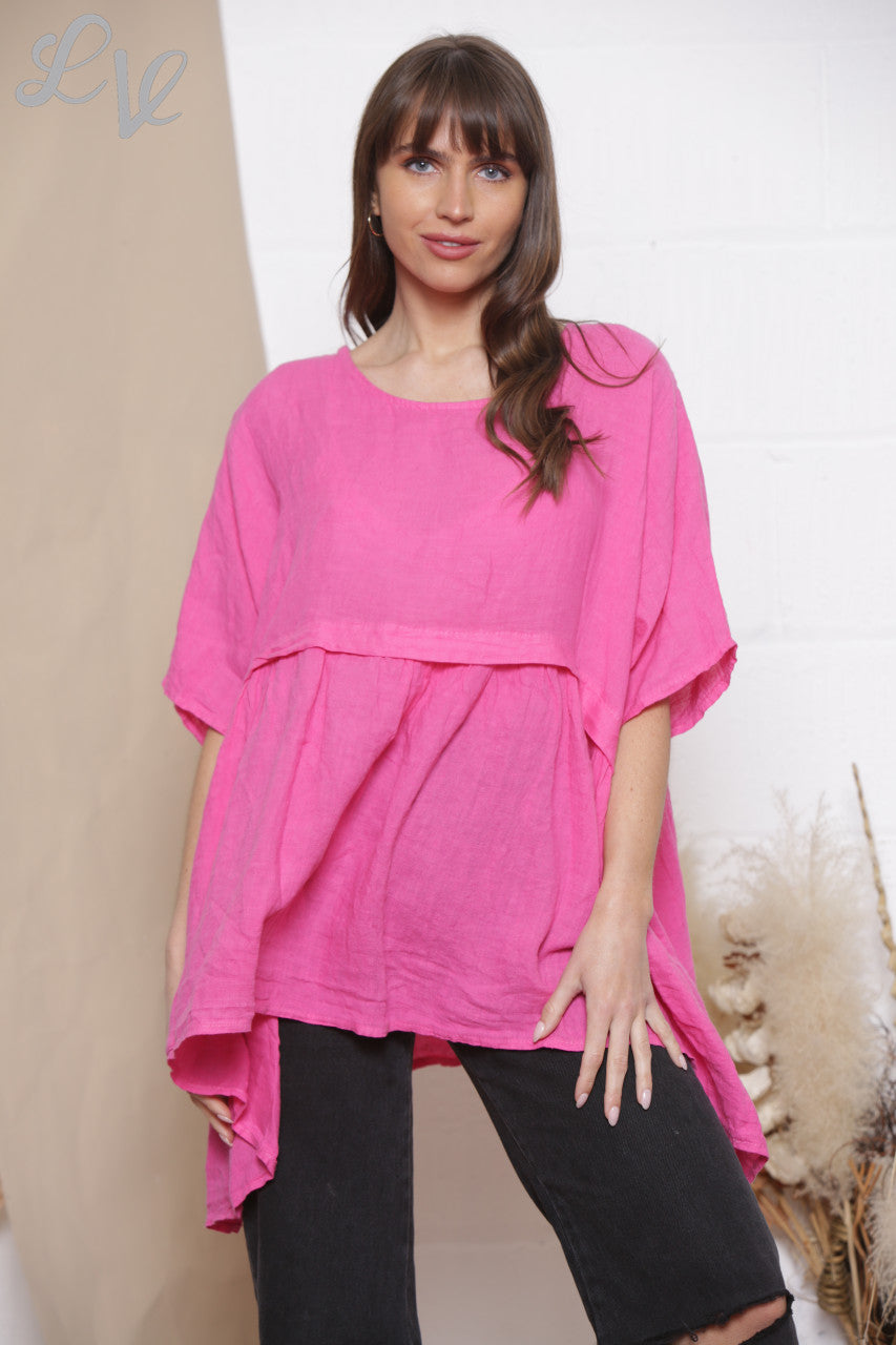 Ladies Linen Plain Half & Half Top Cerise
