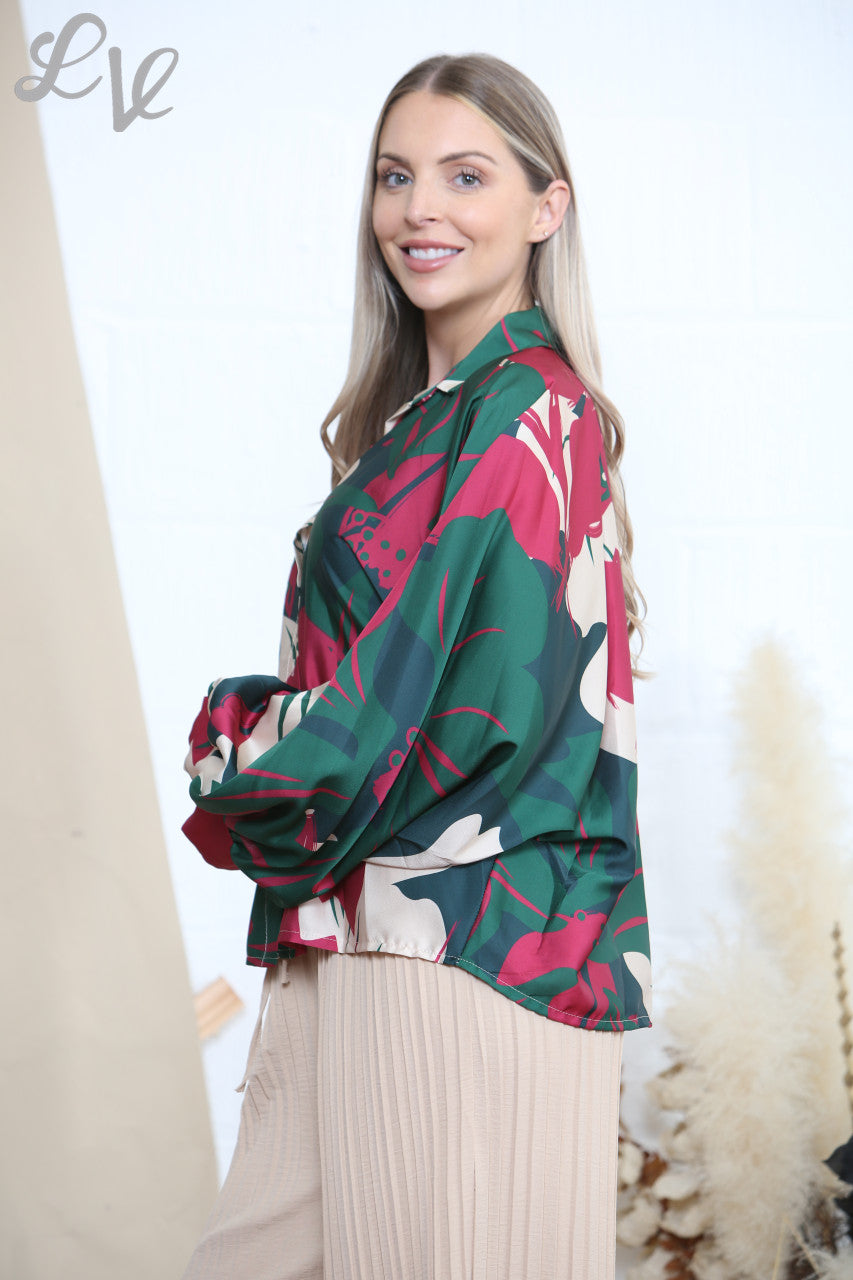 Ladies Abstract Floral Print Blouse Green