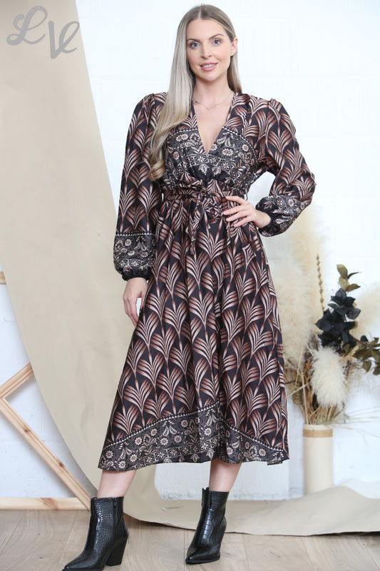 Dames Art Deco Print Jurk met Schoudervullingen Zwart