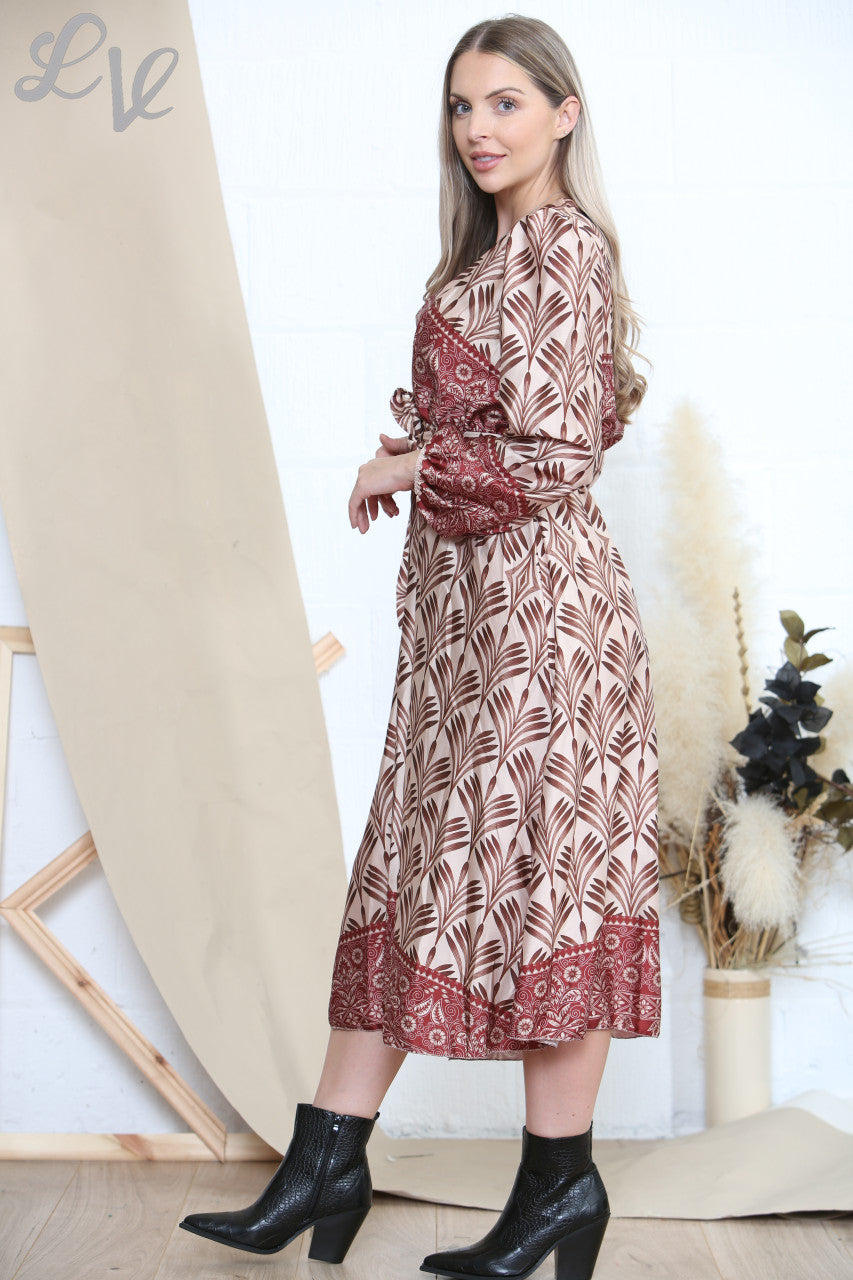 Dames Art Deco Print Jurk met Schoudervullingen Steenkleurig