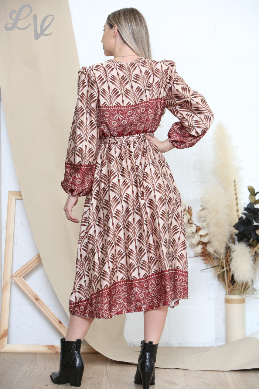 Dames Art Deco Print Jurk met Schoudervullingen Steenkleurig