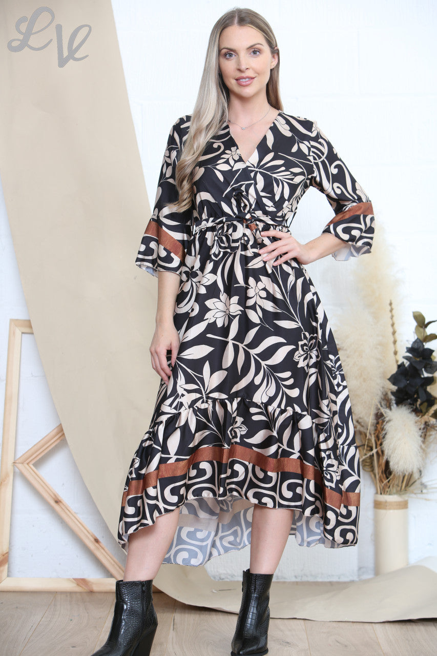 Damesjurk met Botanische Kunstprint Zwart