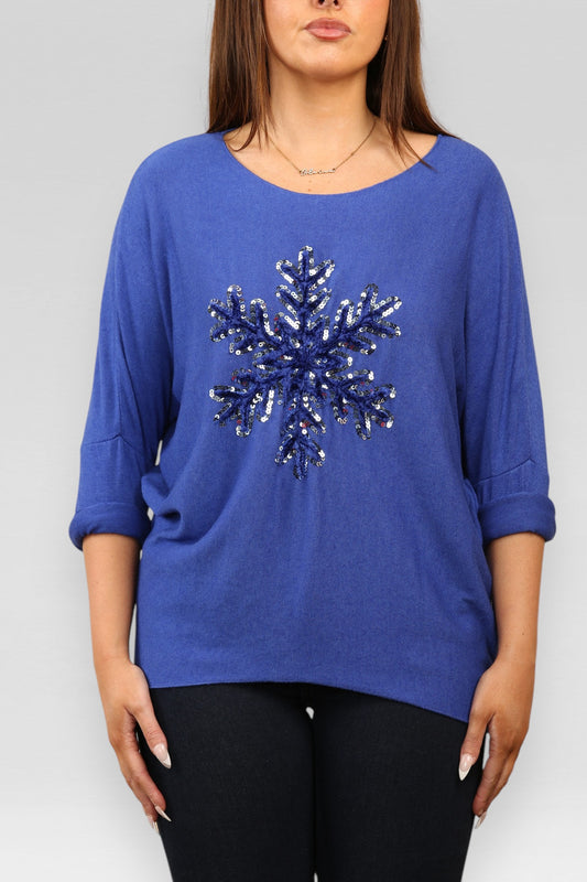 SEQUIN SNOWFLAKE SPARKLE FINE KNIT JUMPER TOP ROYAL BLUE