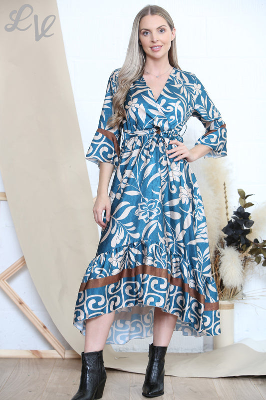 Dames Jurk met Botanische Print Petrolblauw