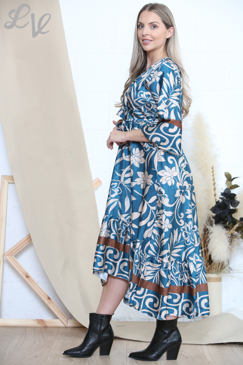 Ladies Botanical Art Print Dress Teal