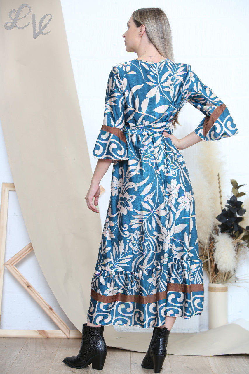 Ladies Botanical Art Print Dress Teal