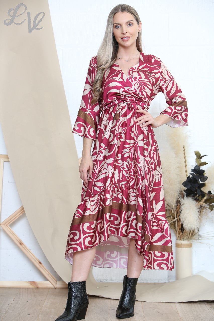 Ladies Botanical Art Print Dress Burgundy