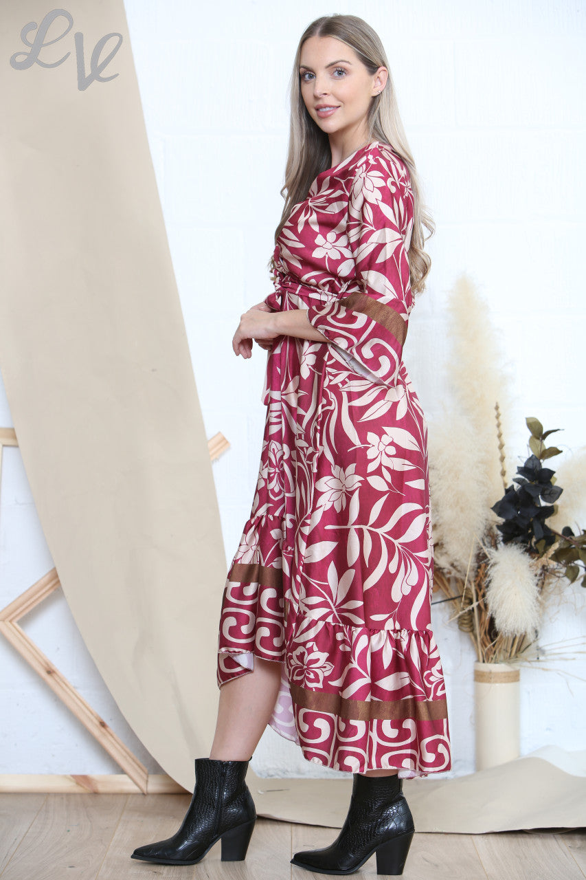 Ladies Botanical Art Print Dress Burgundy