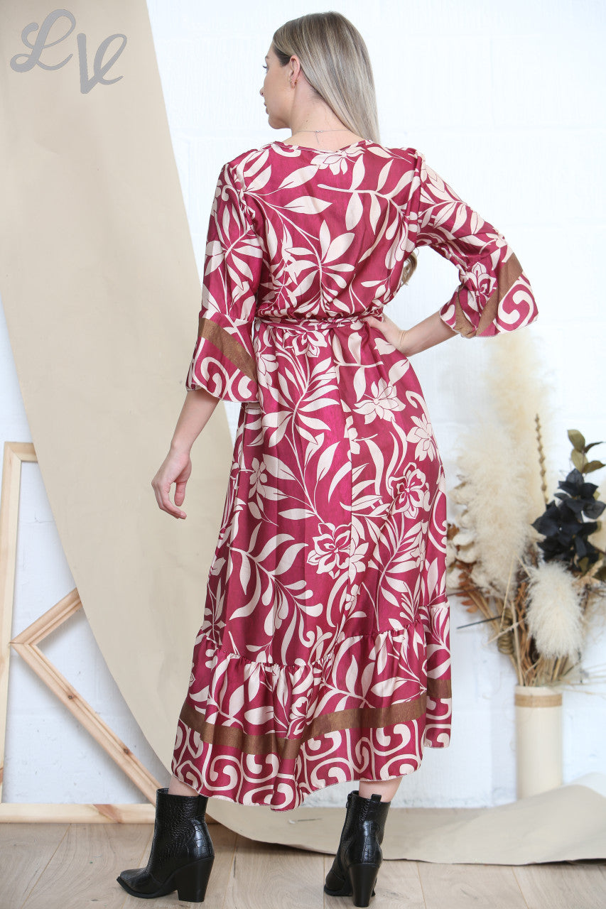 Ladies Botanical Art Print Dress Burgundy