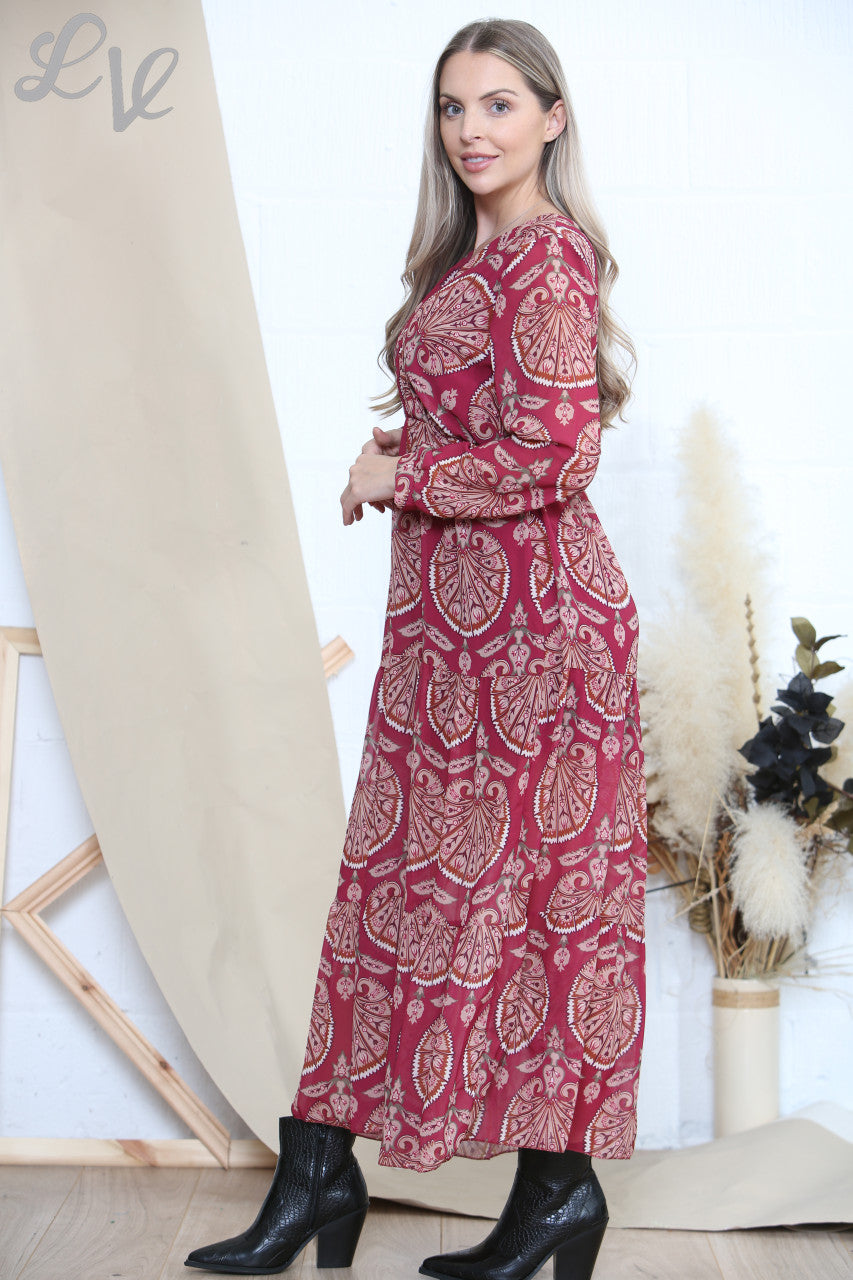 Dames Jurk met Bloemenprint Bordeaux