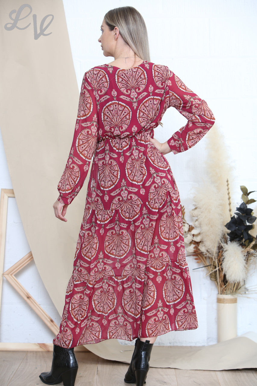 Dames Jurk met Bloemenprint Bordeaux