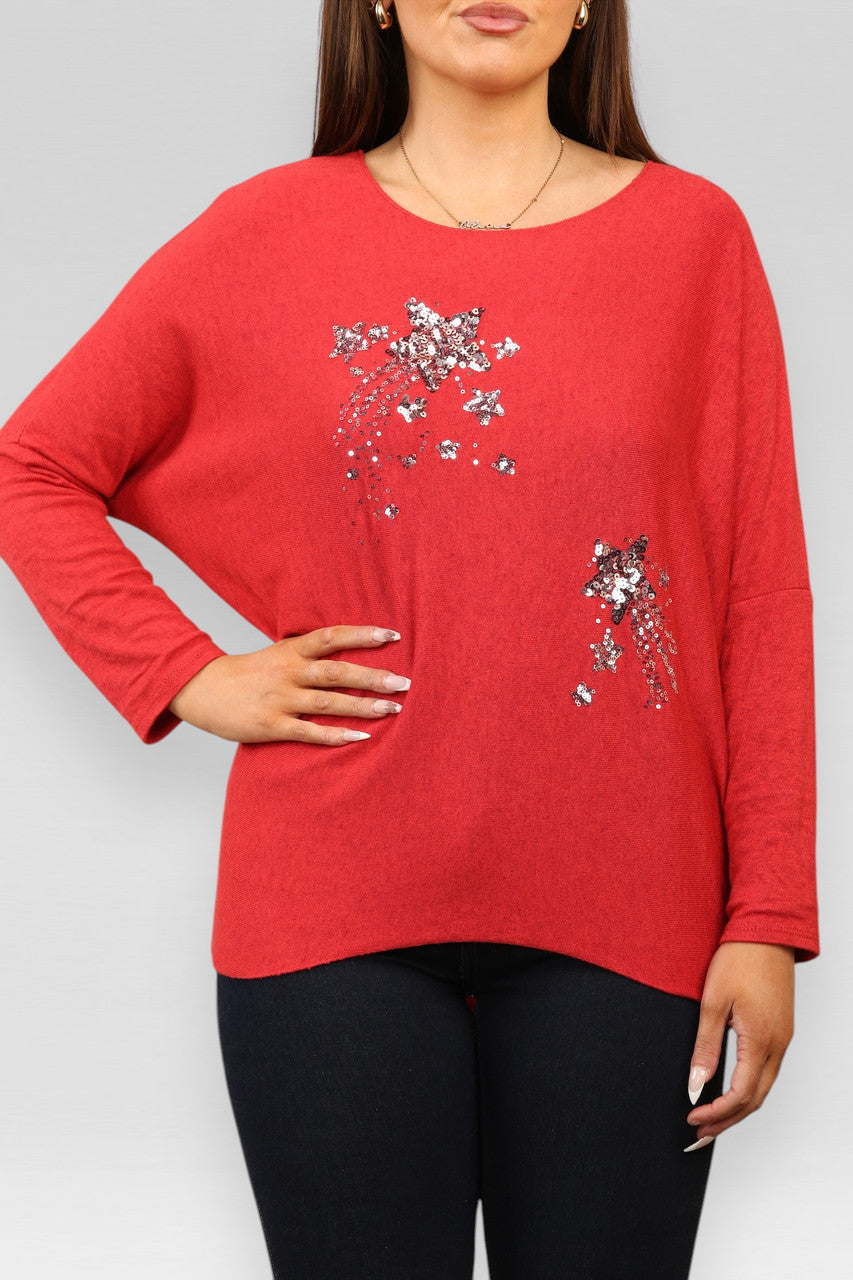 TRUI MET FIJNE STEKEN, PAILLETTEN EN GLITTERENDE STERREN, ROOD