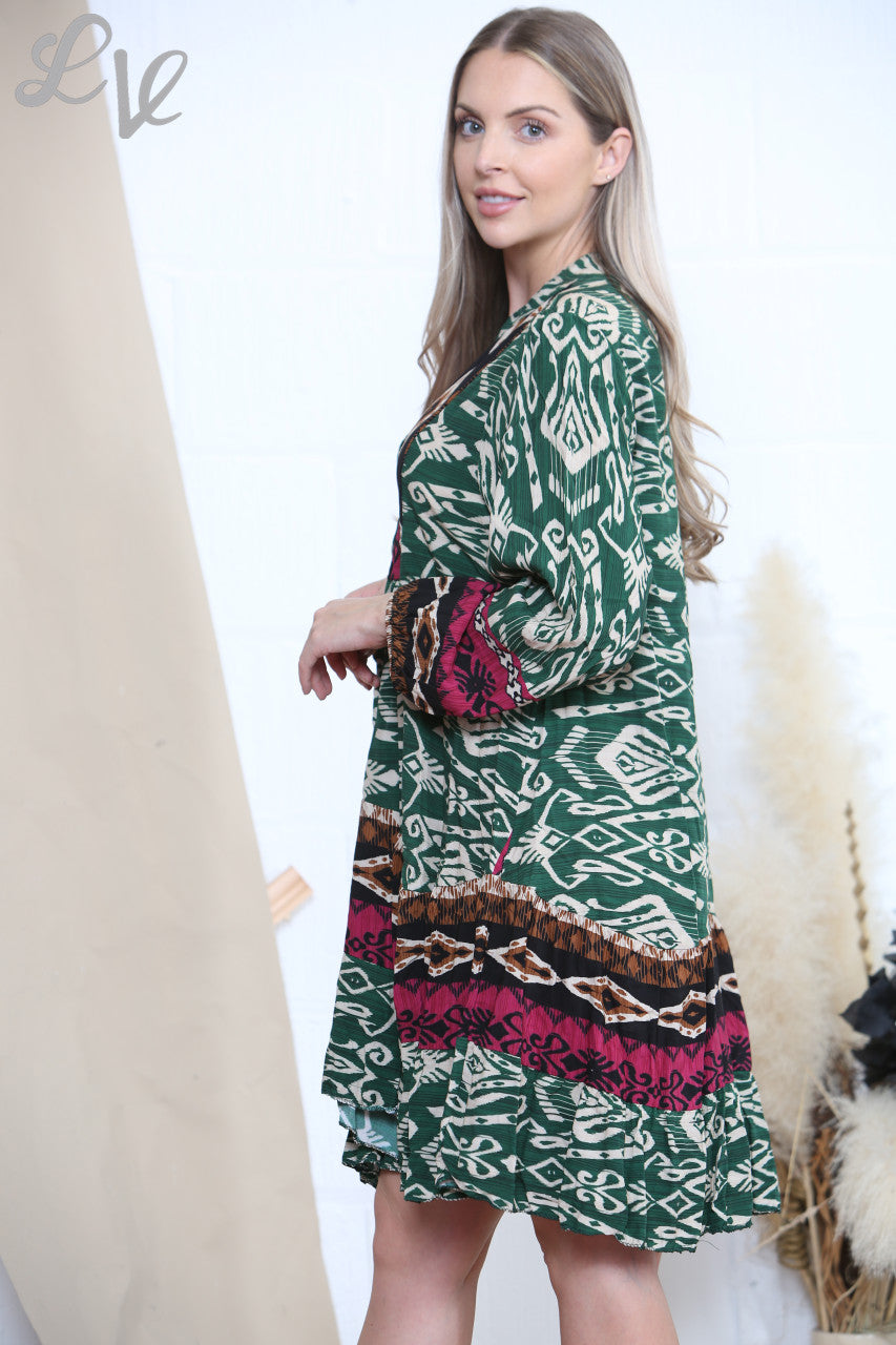 Ladies Aztec Tribal Print Dress Green