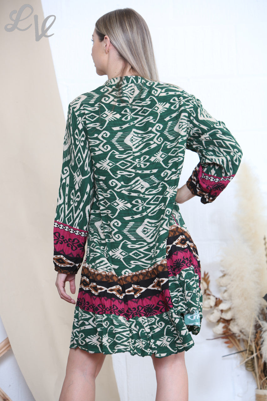 Ladies Aztec Tribal Print Dress Green