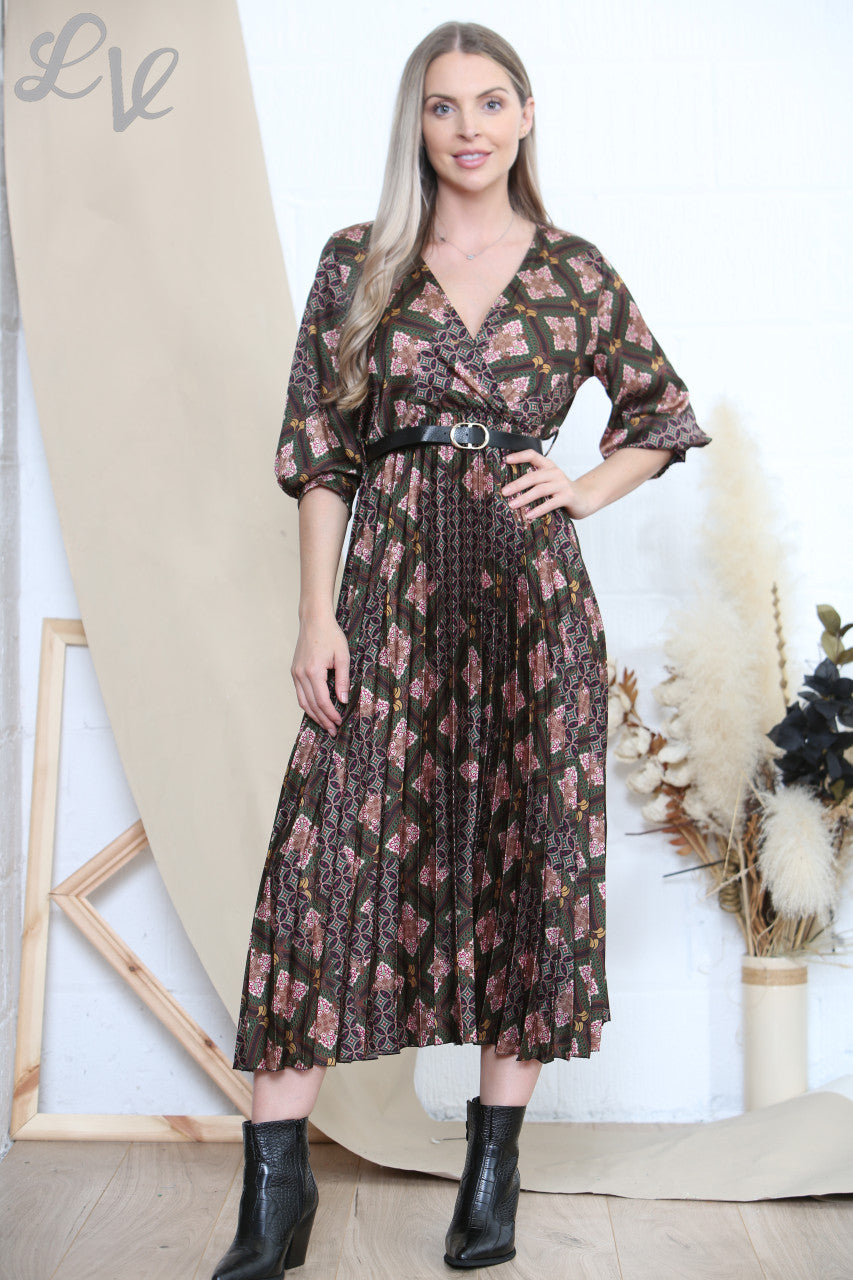 Ladies Arabesque Art Print Dress & Belt Green