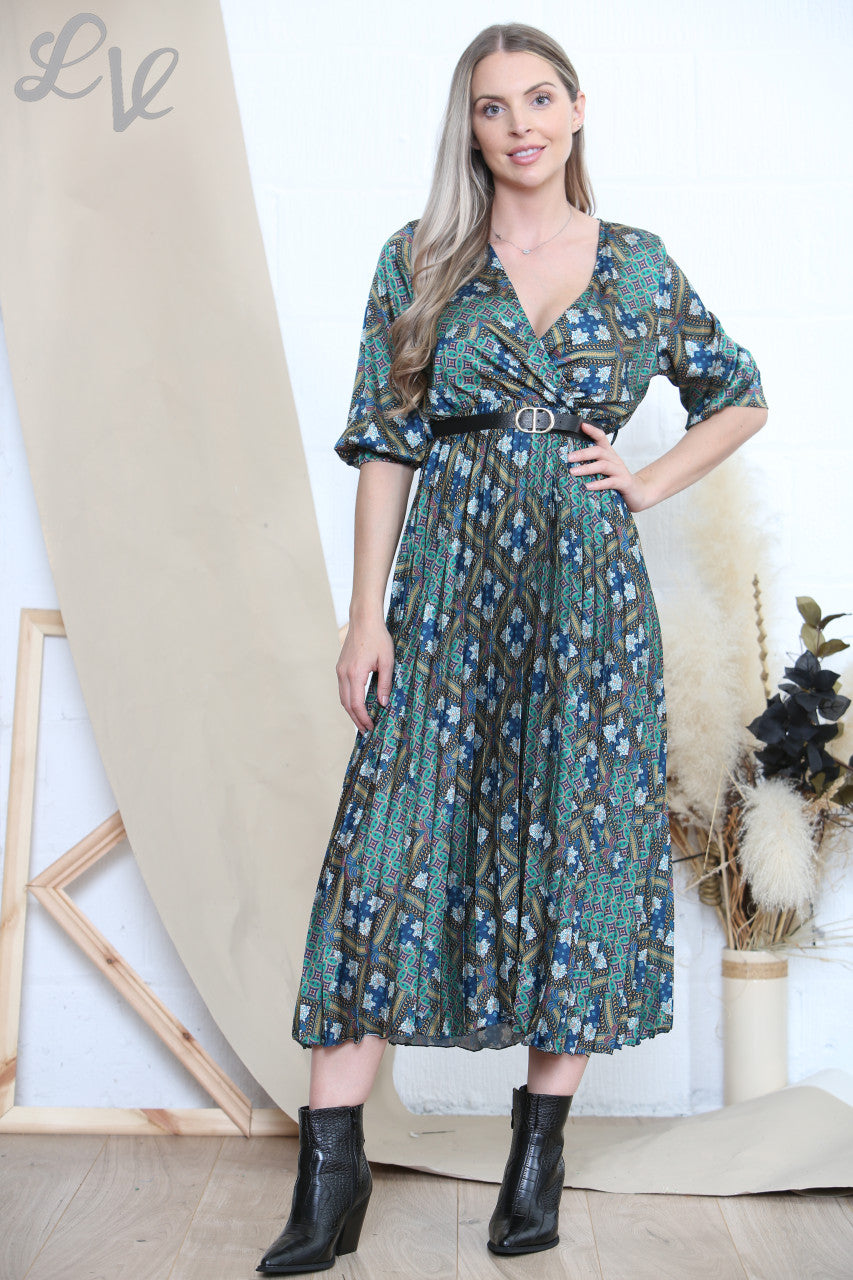 Dames Arabesque-kunstprintjurk & Riem Blauw
