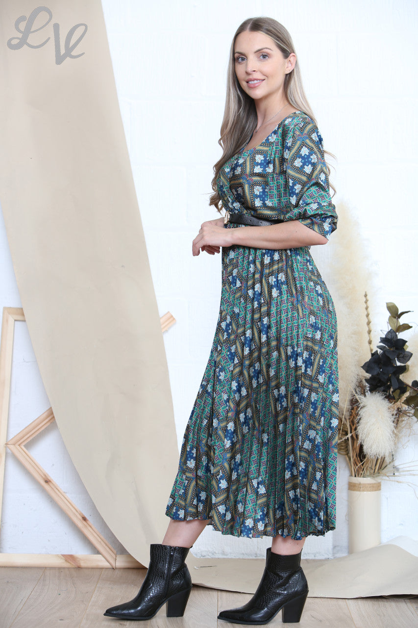 Dames Arabesque-kunstprintjurk & Riem Blauw
