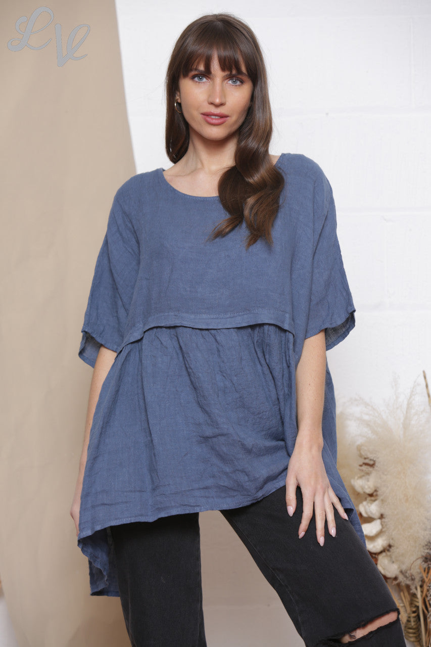 Ladies Linen Plain Half & Half Top Denim