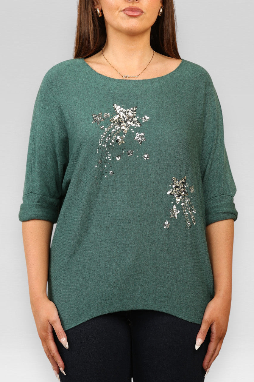 SEQUIN SHOOTING STARS SPARKLE FINE KNIT JUMPER TOP GREEN