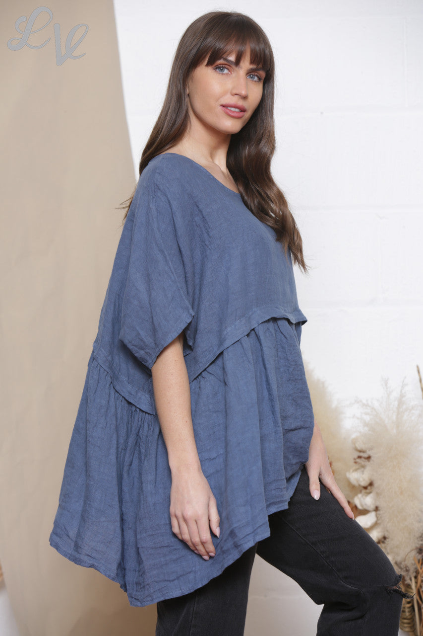 Ladies Linen Plain Half & Half Top Denim