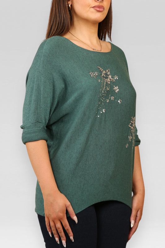 SEQUIN SHOOTING STARS SPARKLE FINE KNIT JUMPER TOP GREEN