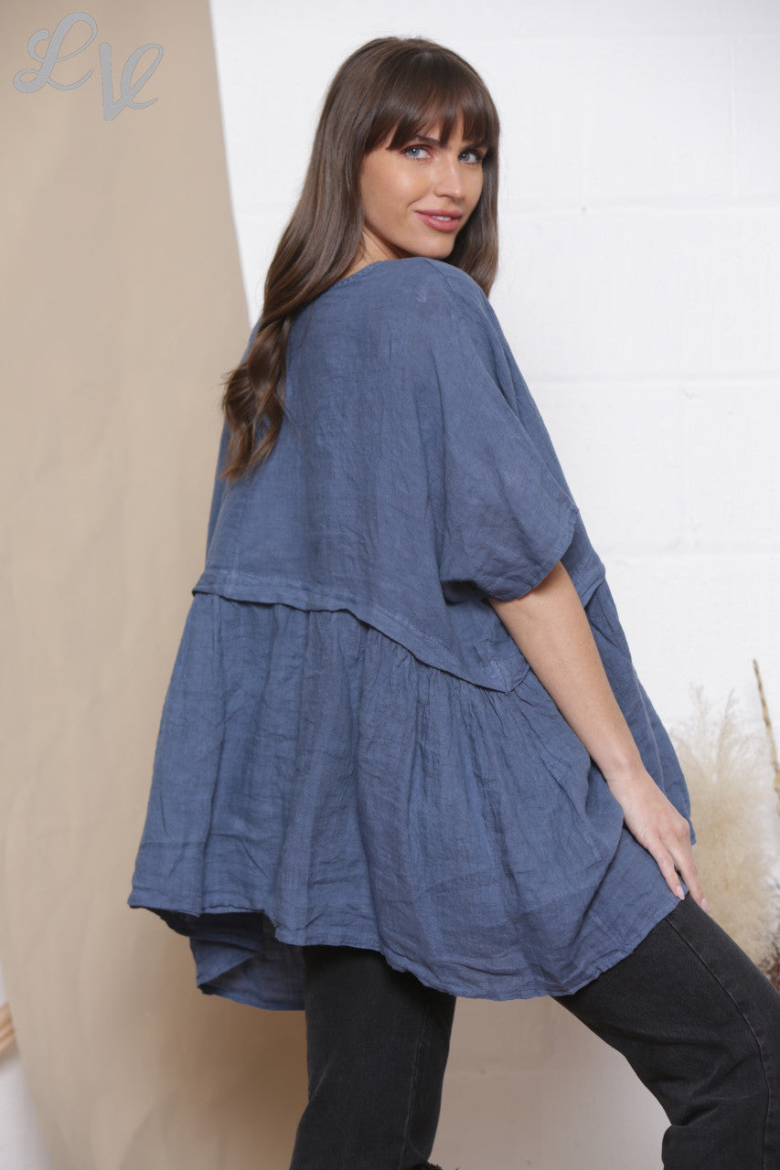 Ladies Linen Plain Half & Half Top Denim