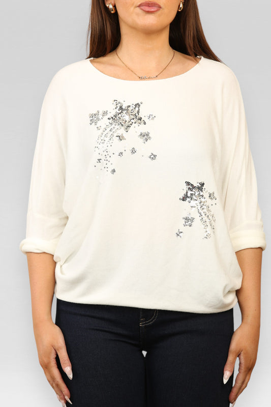 SEQUIN SHOOTING STARS SPARKLE FINE KNIT JUMPER TOP CREAM