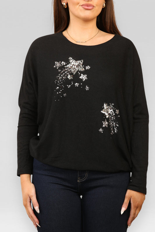 SEQUIN SHOOTING STARS SPARKLE FINE KNIT JUMPER TOP BLACK