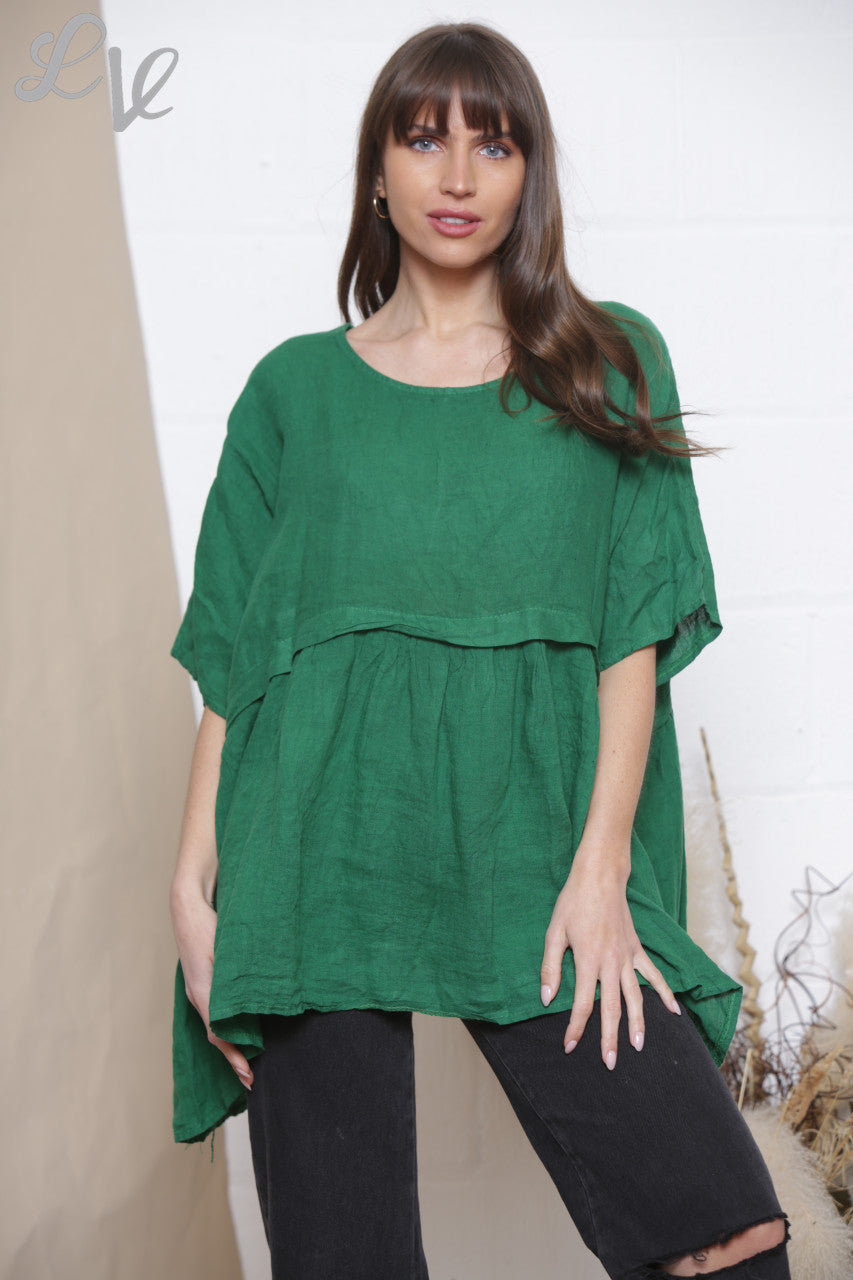 Dames linnen effen 'half & half' top groen