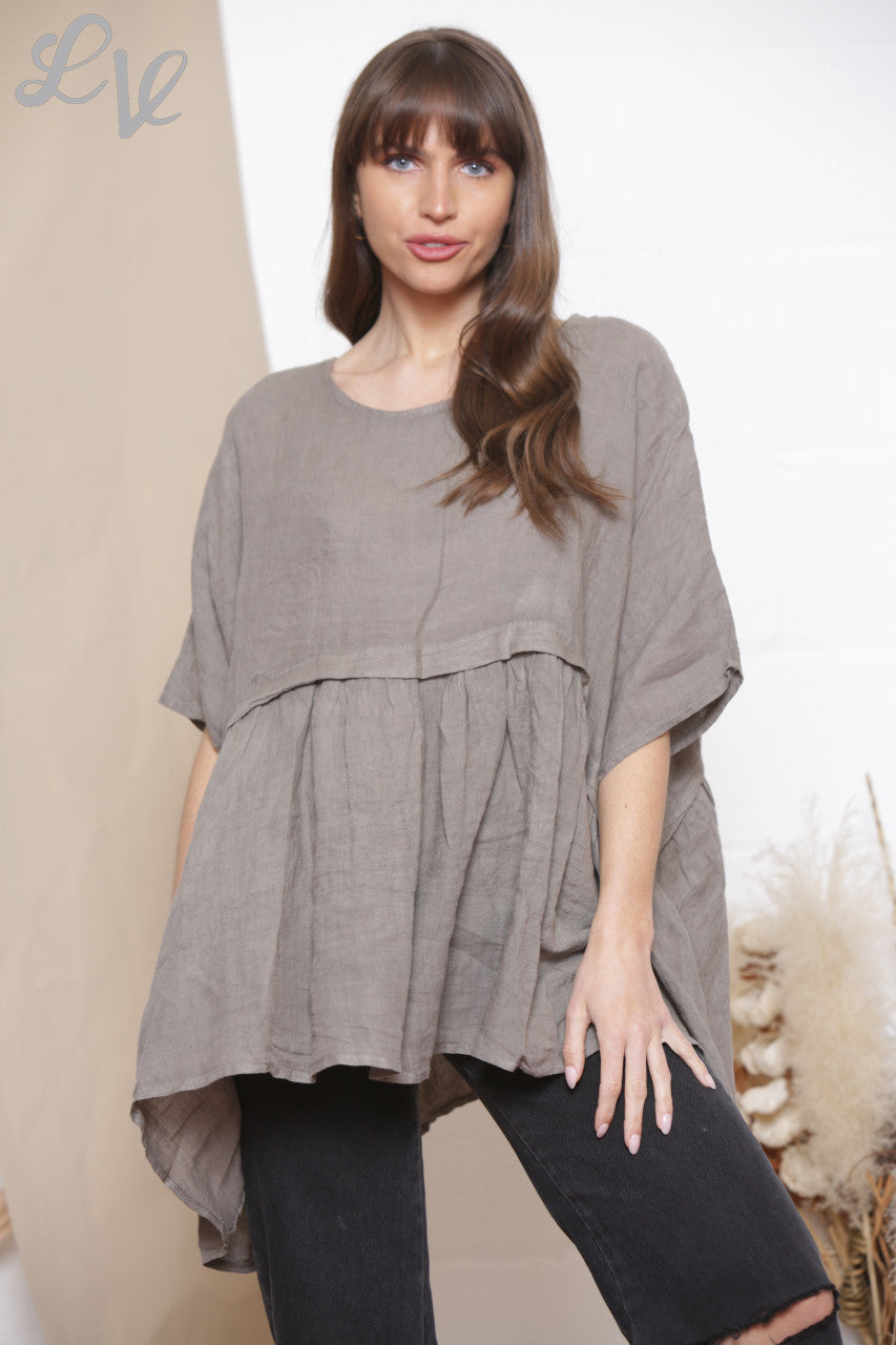 Dames Linnen Effen Half & Half Top Taupe
