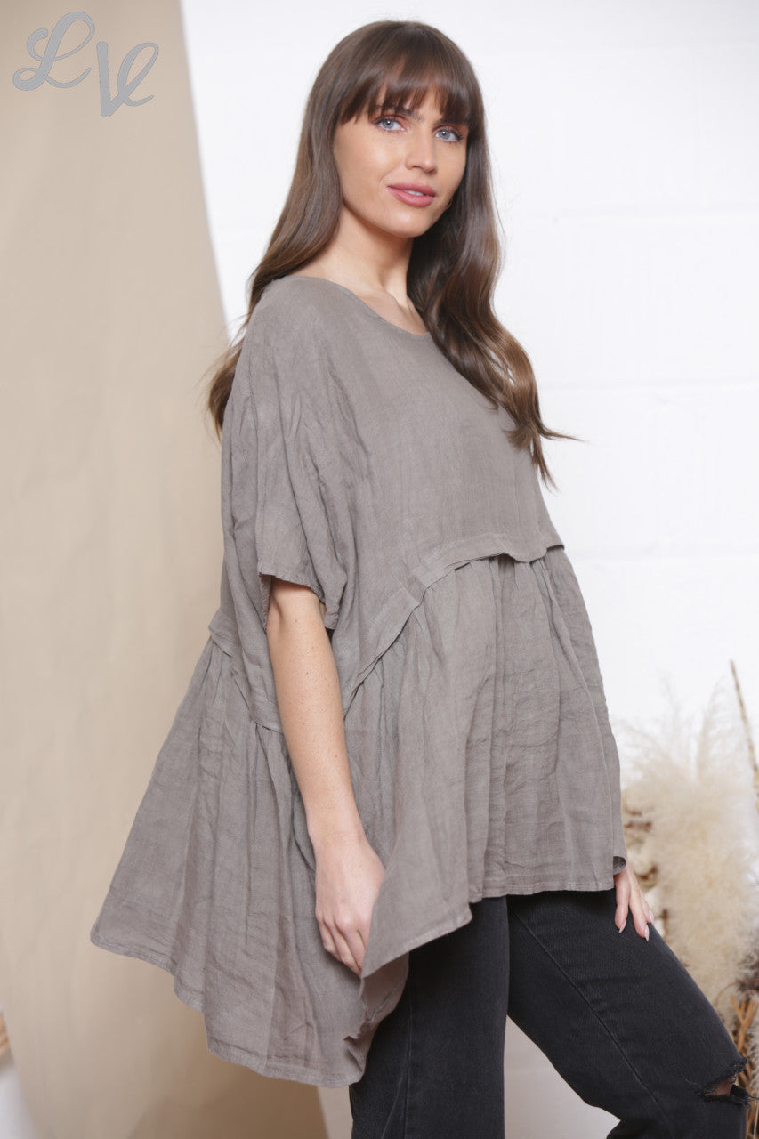 Dames Linnen Effen Half & Half Top Taupe