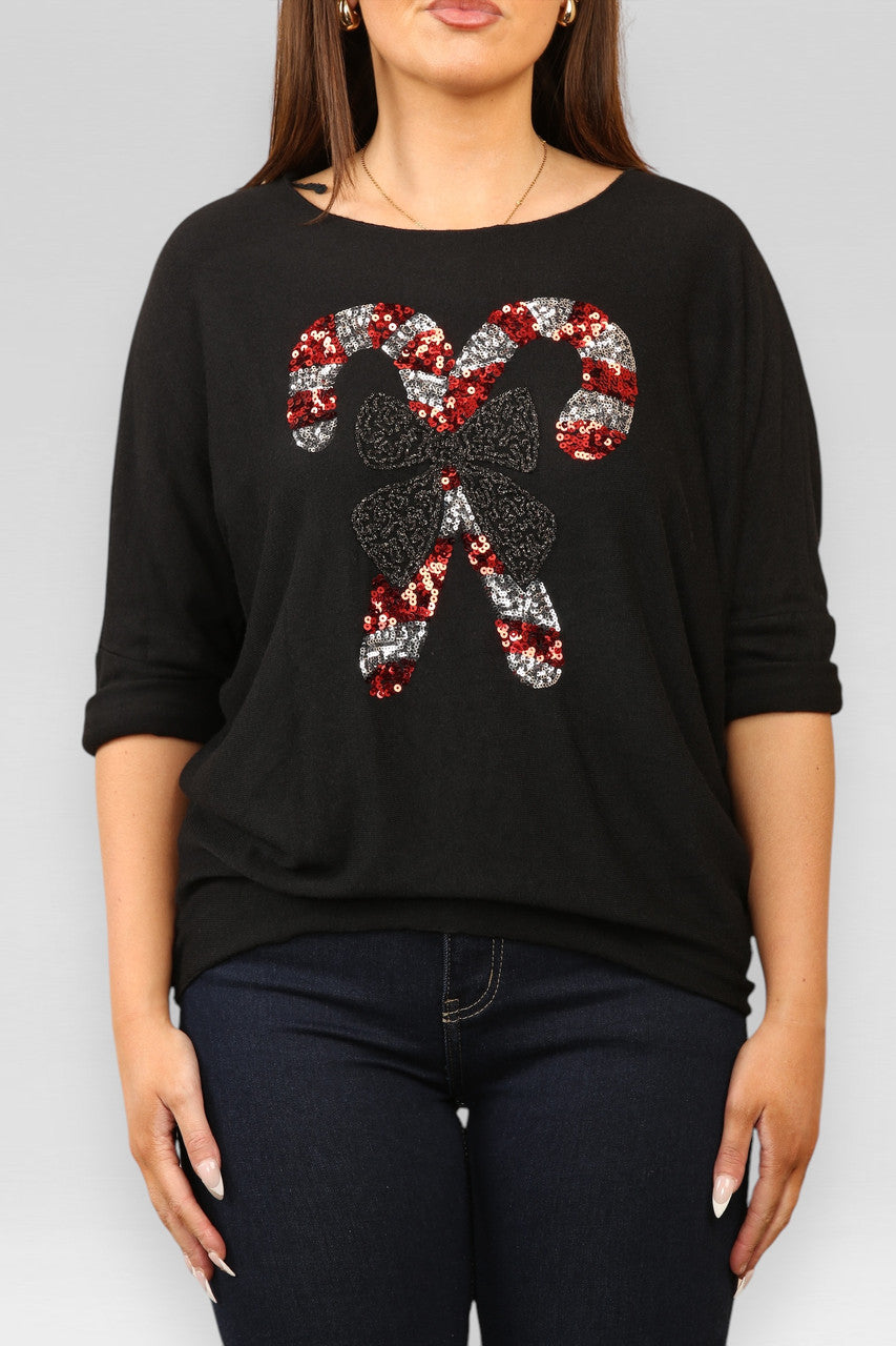 SEQUIN CANDY CANE BOW SPARKLE FINE KNIT JUMPER TOP BLACK