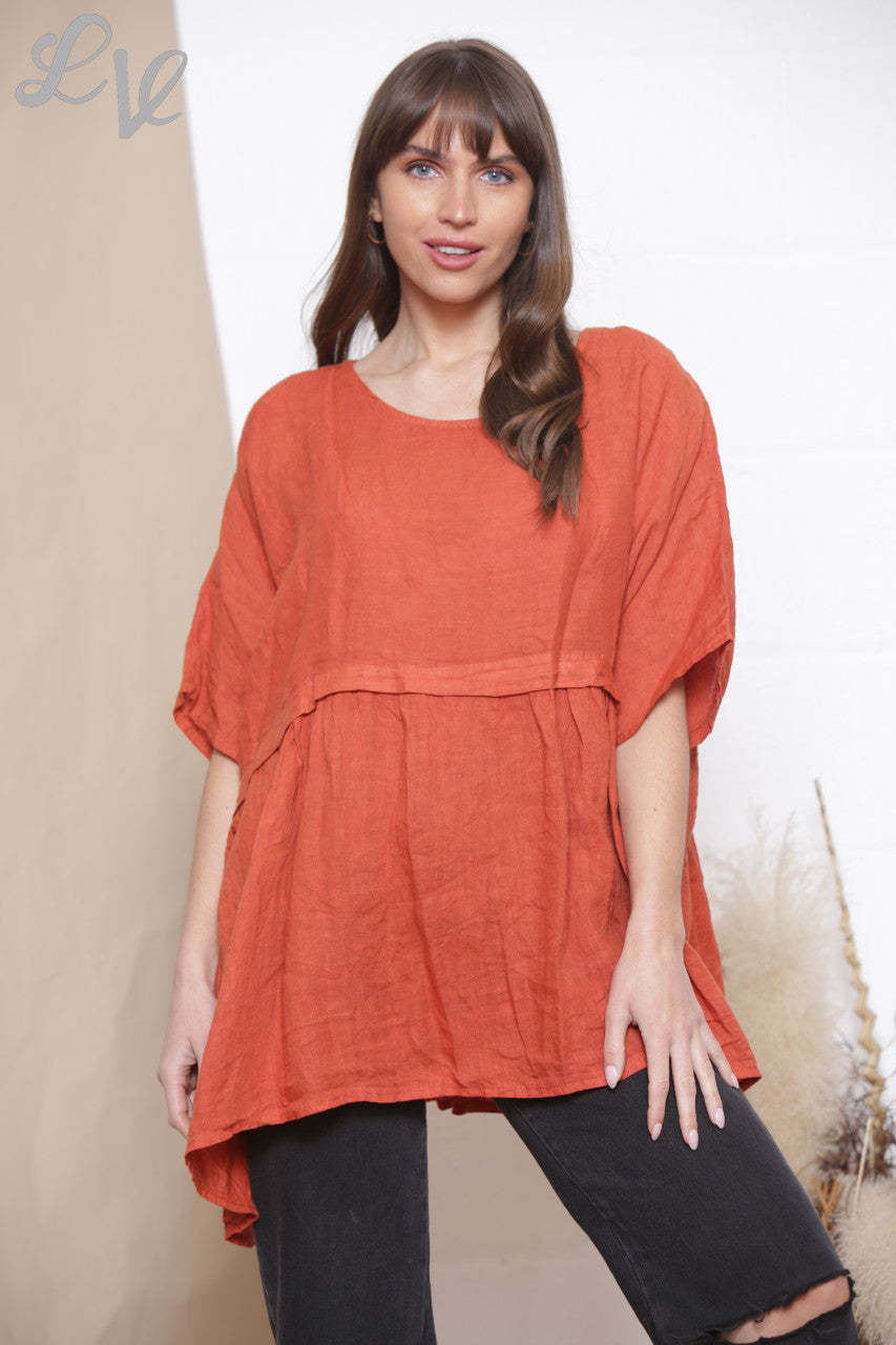 Ladies Linen Plain Half & Half Top Rust