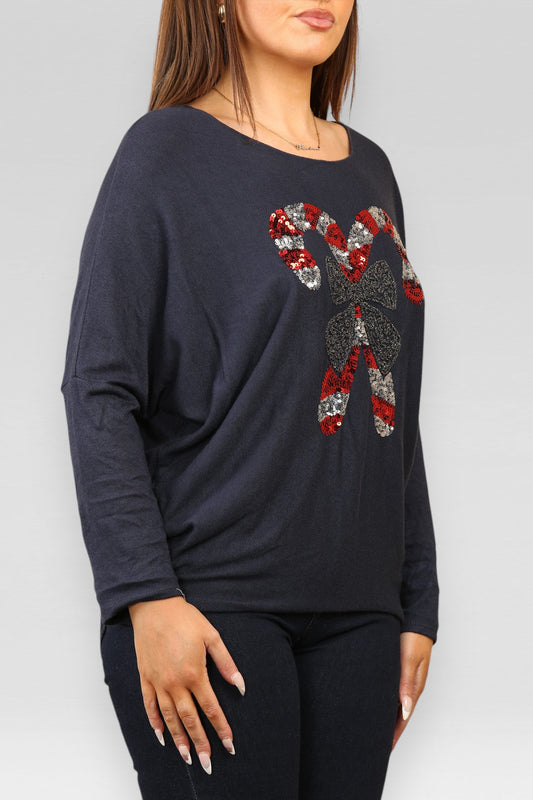 PAILLETTEN KERSTSTOK STRIK GLITTER FIJNGEBREIDE TRUI TOP NAVY