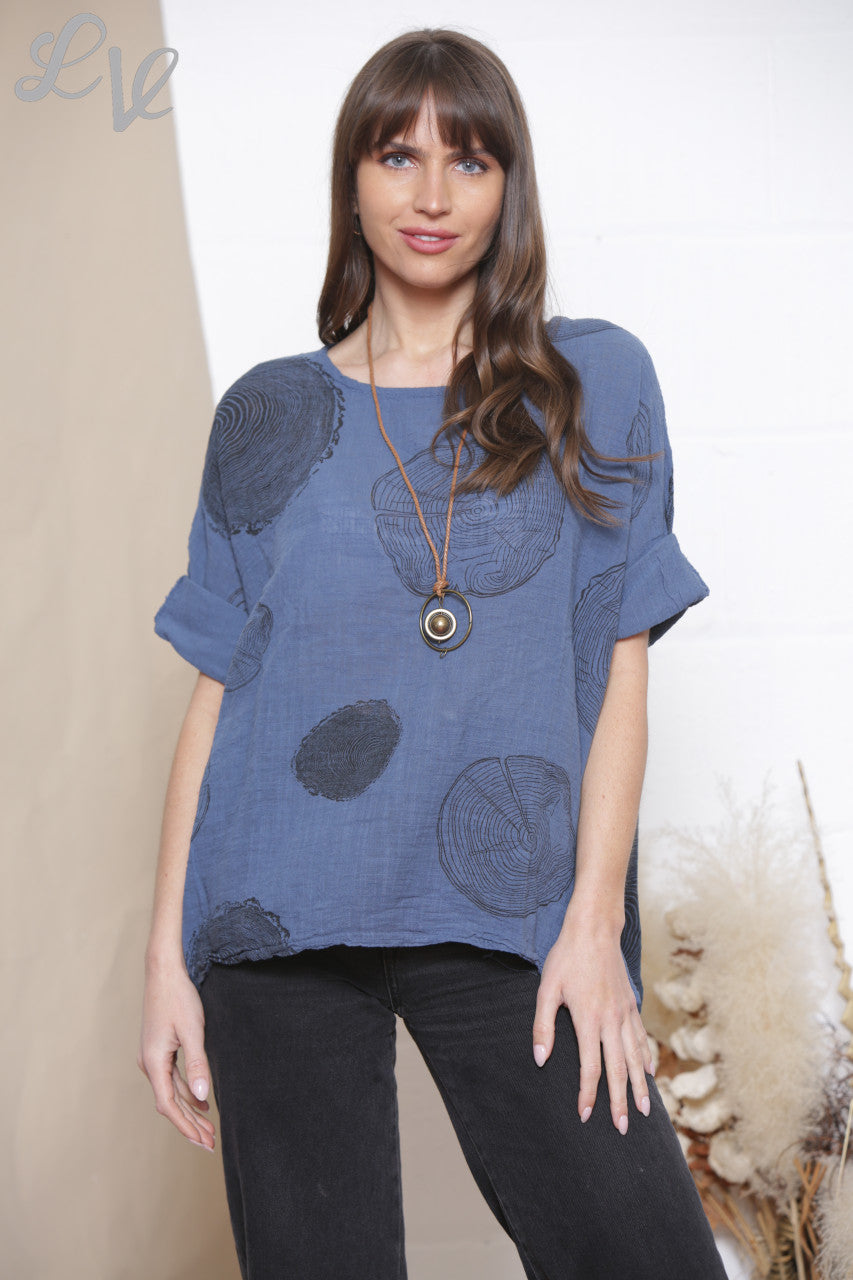 Ladies Tree Root Print Top With Necklace Denim