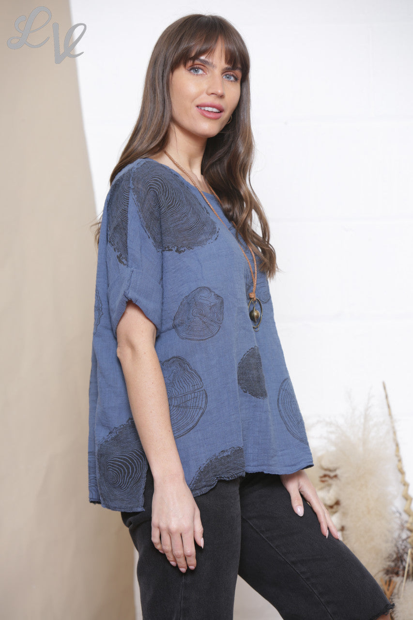 Ladies Tree Root Print Top With Necklace Denim