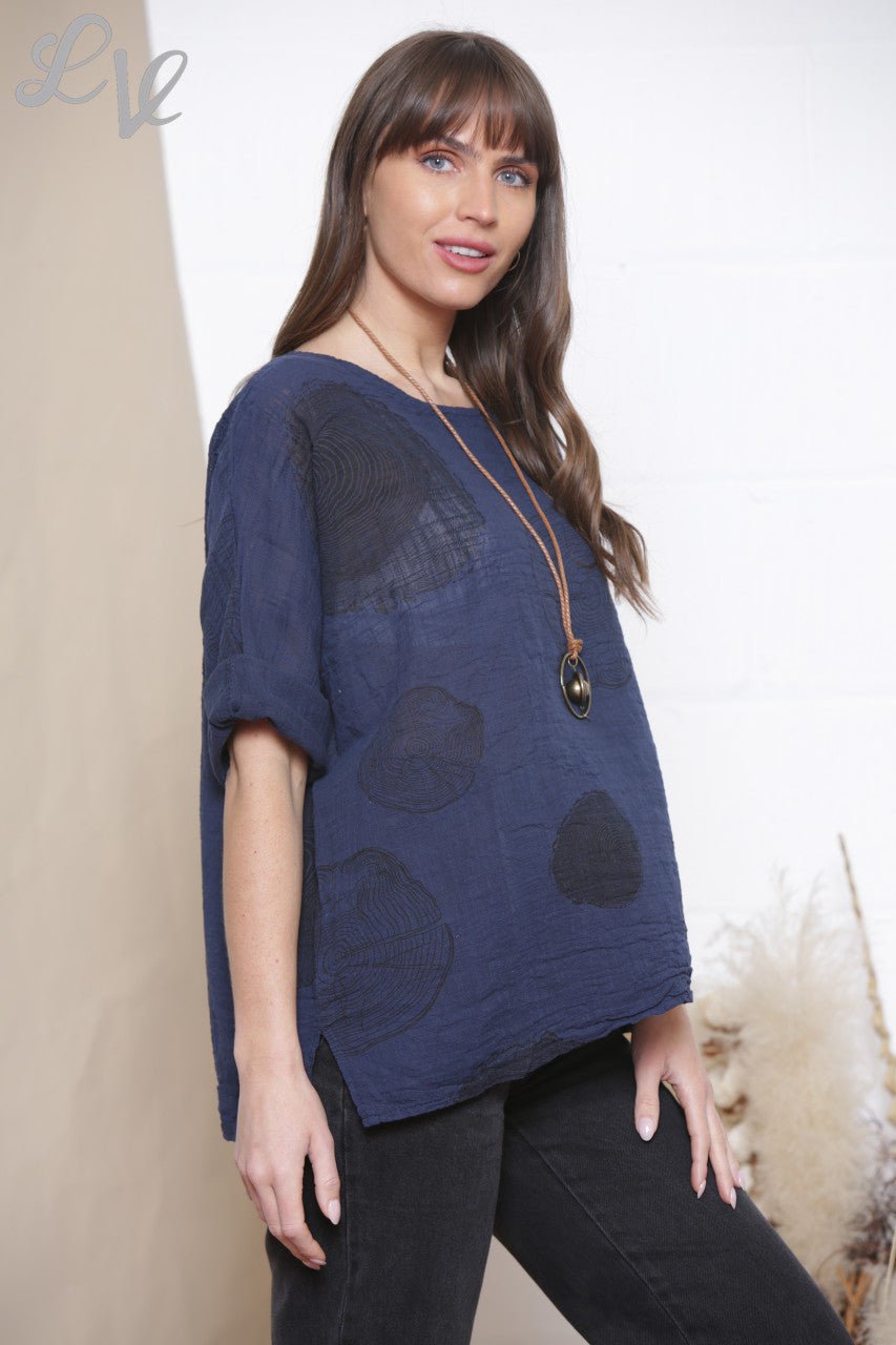 Ladies Tree Root Print Top With Necklace Navy