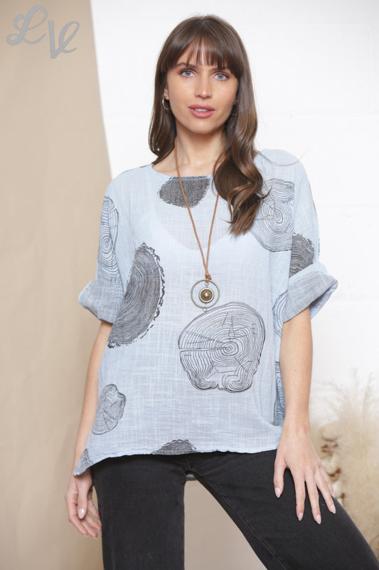 Ladies Tree Root Print Top With Necklace Sky Blue