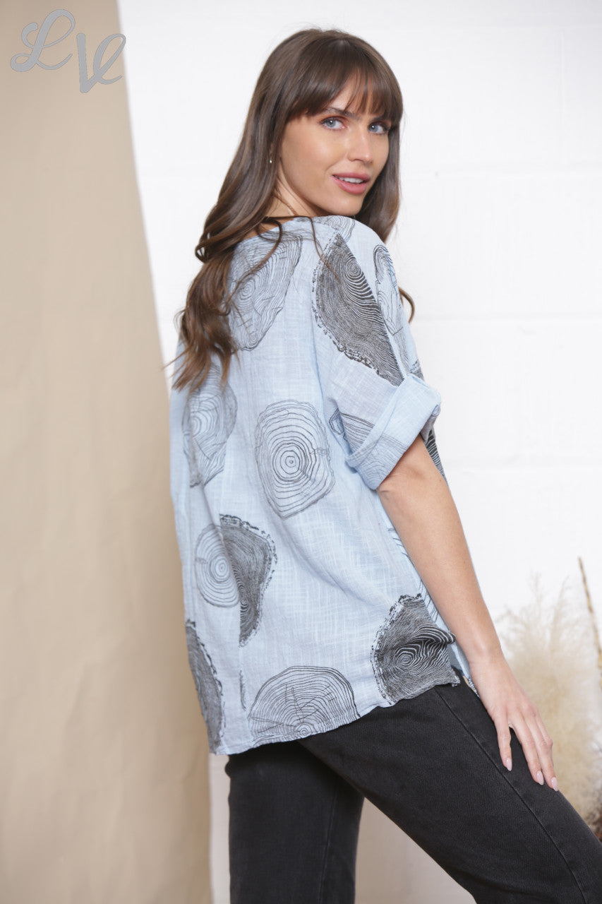Ladies Tree Root Print Top With Necklace Sky Blue