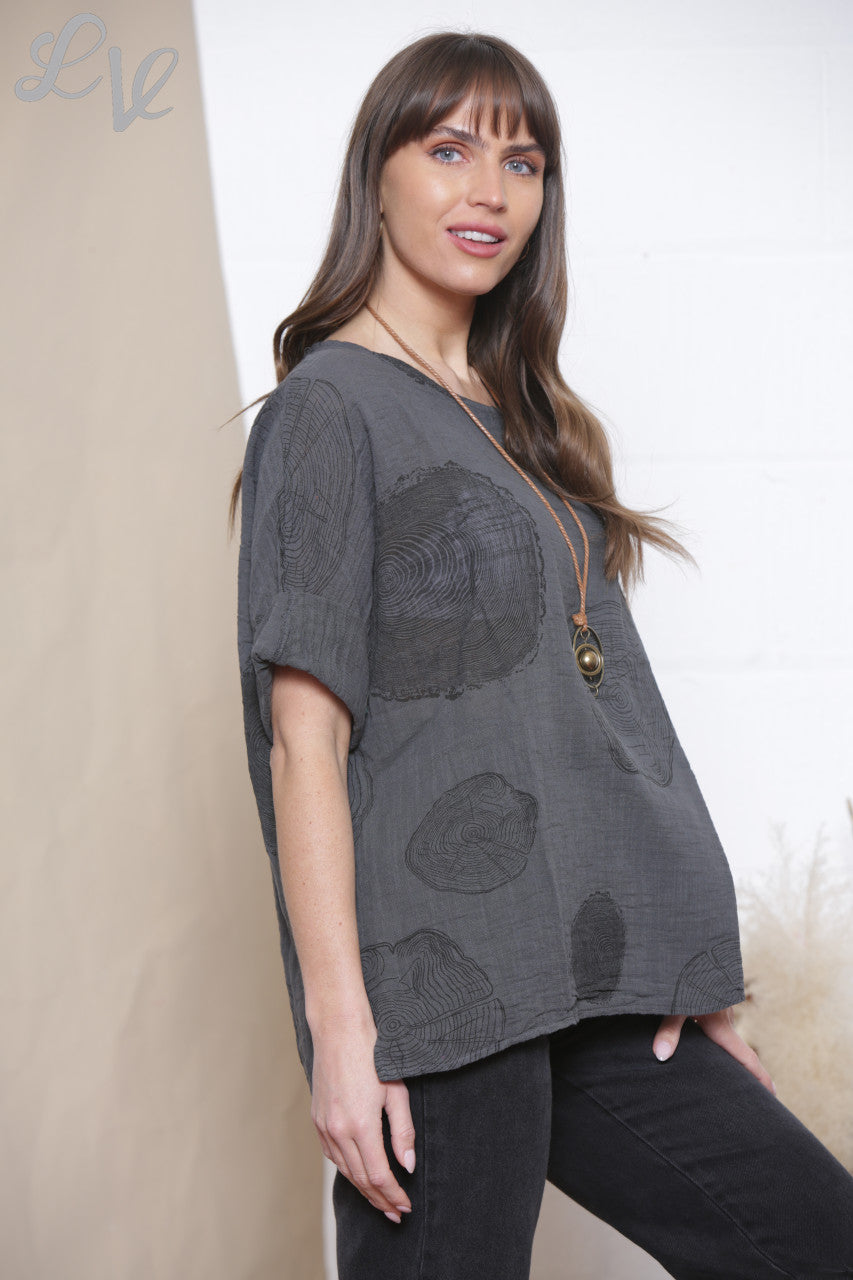 Ladies Tree Root Print Top With Necklace Charcoal